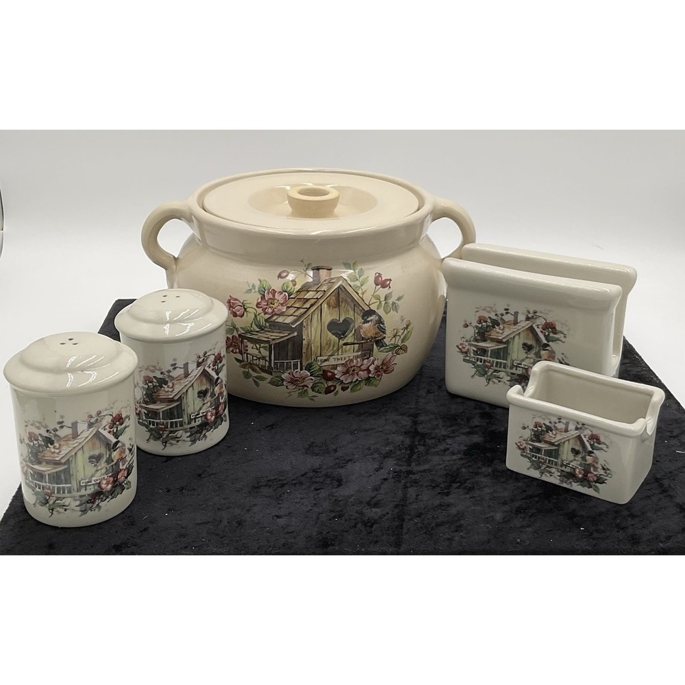 Vintage Country Birdhouse Kitchen Set Large Jar Salt Pepper Napkin Holders 5 Pc